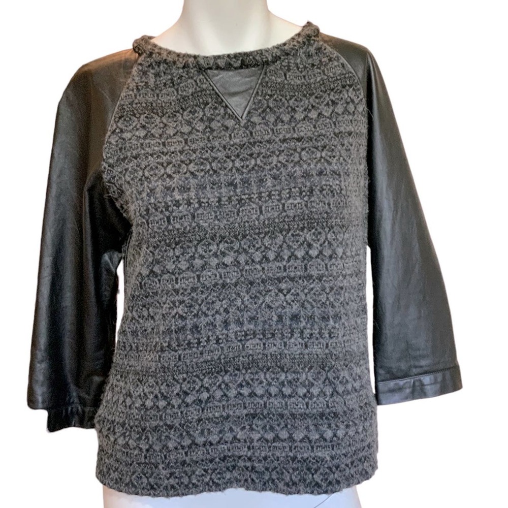 Gryphon Charcoal Gray & Navy Pullover Sweater Alpaca Blend Leather Sleeves sz M